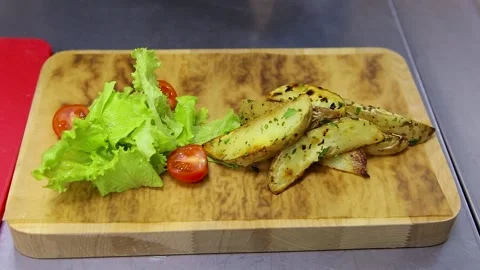 A chef in blue gloves puts the roast meat on a wooden dish.  Stock Footage 130903748