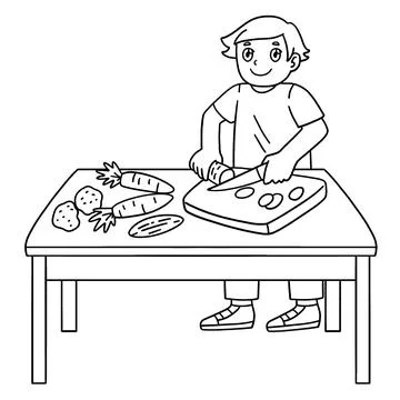 Chef Boy Chopping Vegetables Isolated Coloring Stock Illustration