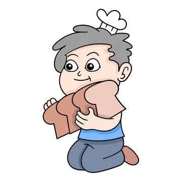 The chef boy is sitting with white bread, doodle icon image kawaii Illustrazione stock