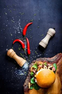 Chef buger with chopped beef steak meat. Top view. Stock Photos