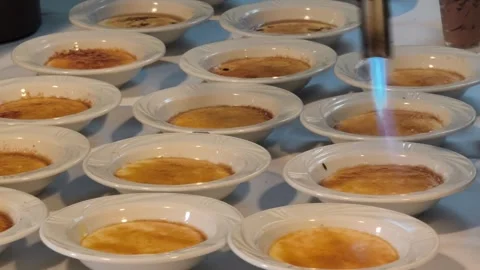 Chef Caramelizing Crème Brûlée with a Culinary Torch Stock-Footage 343409822