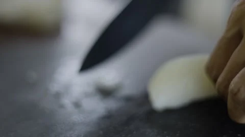 Chef Carefully Slicing Fresh White Beef Tripe On A Cutting Board 01 Stock Footage 334360328