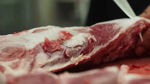 Chef carefully using small tool to remove thin membrane from raw meat prepa.. Video stock 332116471
