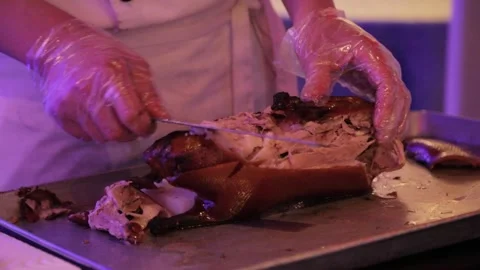 Chef Carving Roasted Poultry in Beijing Restaurant Kitchen, Close Up Preparation Stock Footage 345744169