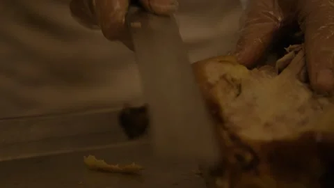 Chef Carving Roasted Poultry in Beijing Restaurant Kitchen Close Up Stock Footage 345786381