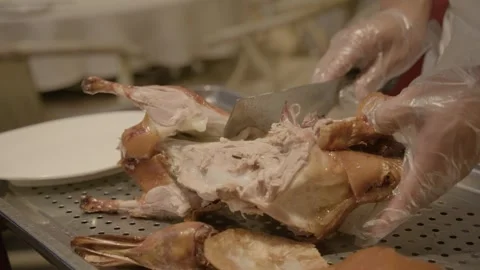 Chef Carving Roasted Poultry in Beijing Restaurant Kitchen, Close Up Preparation Stock Footage 345833950