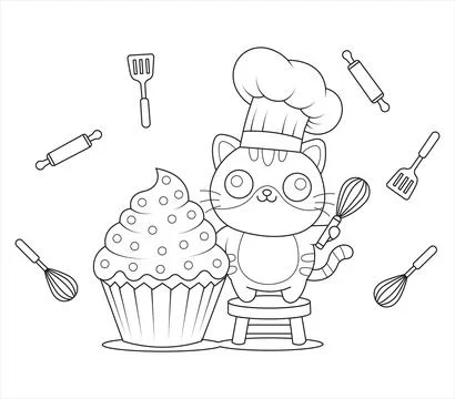 Chef Cat Baking Cupcake With Whisk And Rolling Pin Outline Coloring Page Fo.. Stock Illustration