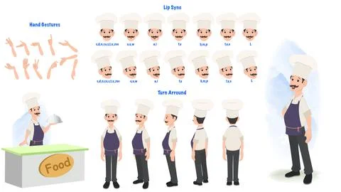 A chef character lips sync, hand gesture, turn around model sheet for animation. Stock Illustration