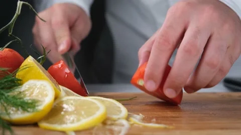 Chef choping tomatoes Stock Footage 219282743