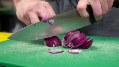 Chef Chopping Fresh Vegetables on Cutting Board in Commercial Kitchen Stock-Footage 321367309