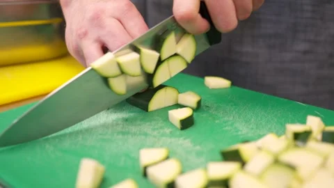 Chef Chopping Fresh Vegetables on Cutting Board in Commercial Kitche Stock-Footage 321367604