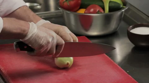 Chef chopping onion into half rings, close up Stock Footage 66062534