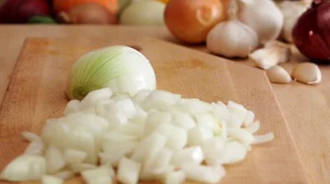 Chef chopping onions, closeup Stock Footage 56345703