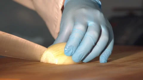 The chef is chopping onions for cooking Stock Footage 158021729
