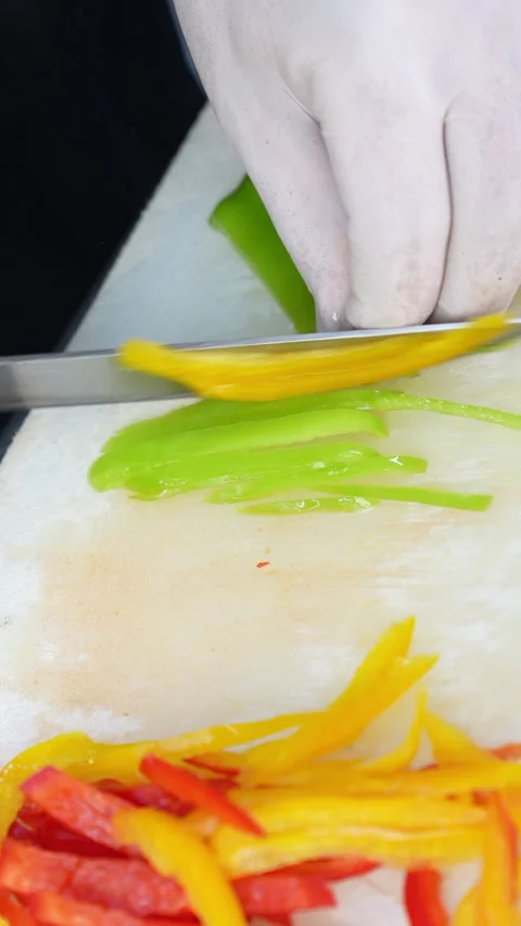 Chef Chopping Red And Green Peppers Slices Stock Footage 296023314