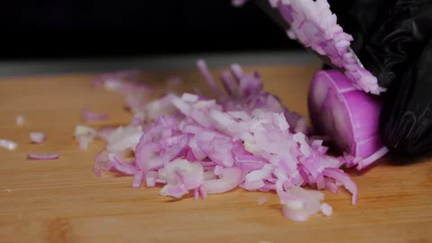 Chef Chopping Red Onion with Kitchen Knife Close Up. Video stock 346862029