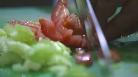 Chef Chopping Vegetables - Extreme Close Up Rack Focus Stock Footage 10916198