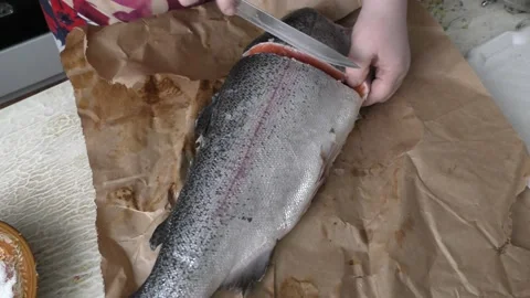 The chef is cleaning the fish trout. healthy food concept 動画素材 150257601