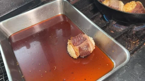 Chef Coating Grilled Rice Balls In Sweet Soy Teriyaki Tare Sauce Japan Stock Footage 344727649