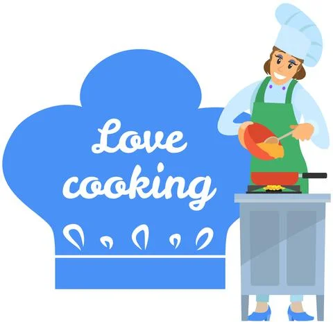 Chef conducts premium culinary class about cooking. Woman preparing dish, frying Illustrazione stock