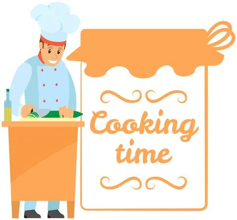 Chef conducts premium culinary class about cooking. Man preparing dish, frying Illustrazione stock
