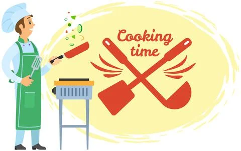 Chef conducts premium culinary class about cooking. Man preparing dish, frying Stock Illustration