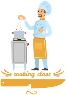 Chef conducts premium culinary class about cooking. Man preparing dish, frying Illustrazione stock