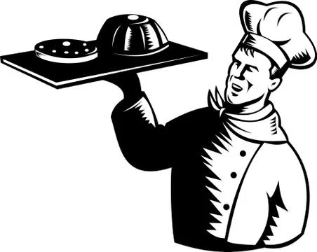 Chef cook baker holding serving pastry bakery products Stock Illustration