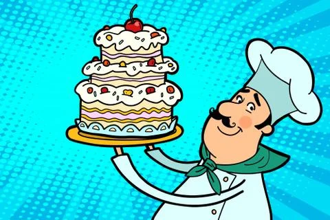 Chef cook character with cherry cake Stock Illustration