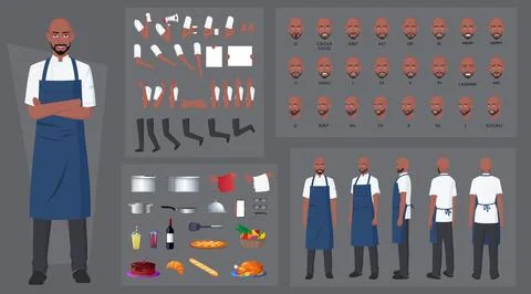Chef, Cook Character Creation Set, Black Man Wearing Blue Apron, with Kitchen Stock Illustration