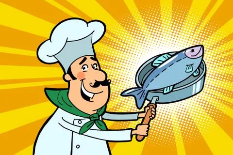 Chef cook character with roasted fish Illustrazione stock