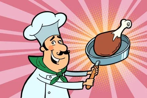 Chef cook character with roasted meat Stock Illustration