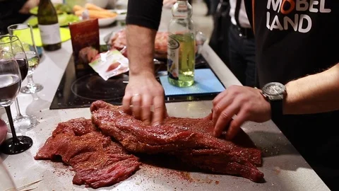 Chef cook cooking meat with spices Stock Footage 113016545