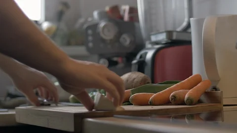 Chef cook cuts celery on cutting board. Stock Footage 103000087