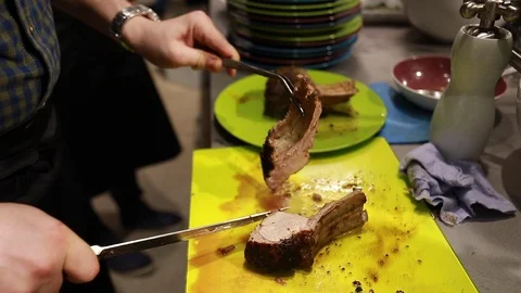 Chef cook cutting meat rib eye for dish Stock-Footage 113016975
