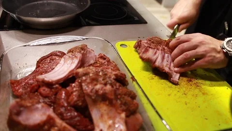 Chef cook cutting meat rib eye on board Stock-Footage 115287932
