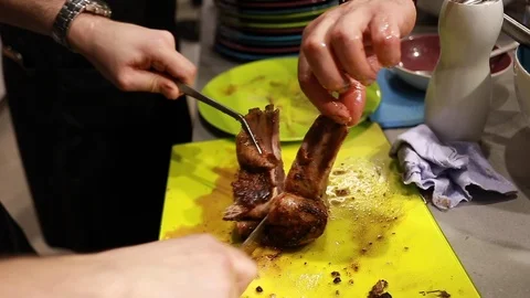 Chef cook cutting meat rib eye for dish Stock Footage 115288114