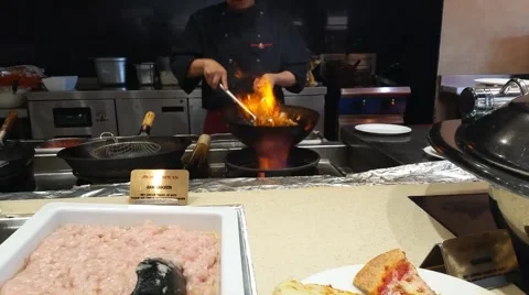 Chef Cook Doing Flame  Stir Fry Stock Footage 52432116