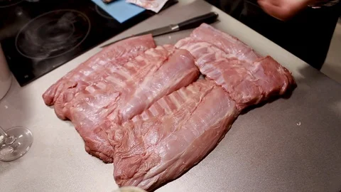 Chef cook explains how to cut meat rib eye for steaks Stock Footage 113016506