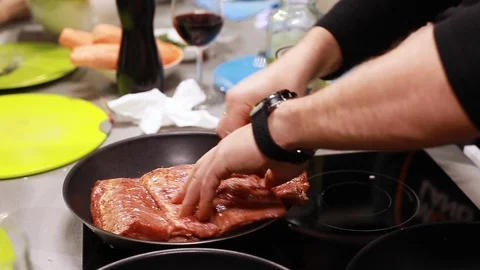 Chef cook fried meat rib eye steak in pan Stock-Footage 115286444