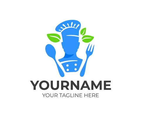 Chef in cook hat or tall baker cook, fork, spoon and leaves, logo design Stock Illustration