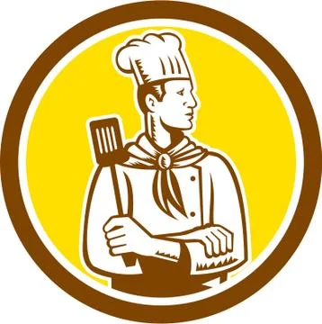 Chef cook holding spatula side view circle Stock Illustration