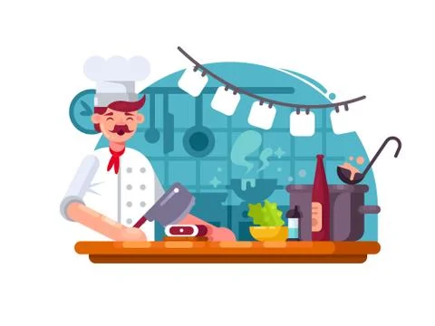 Chef cook in kitchen to prepared meat Stock Illustration
