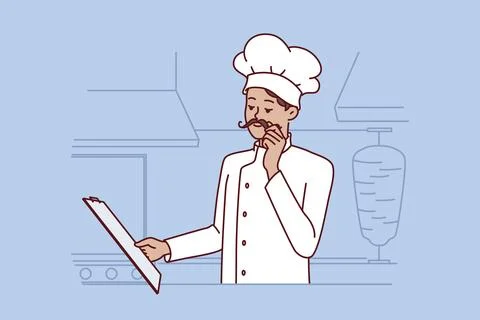 Chef cook man stands in kitchen street food restaurant and holds clipboard with Illustration