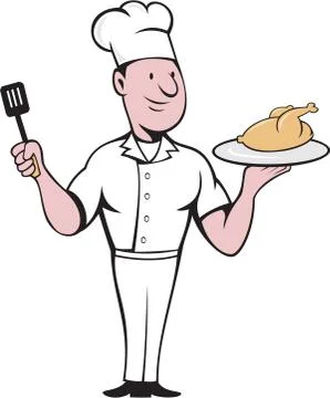 Chef Cook Roast Chicken Spatula Cartoon Stock Illustration