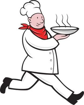 Chef cook running serving hot soup bowl Illustrazione stock