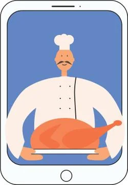 Chef cook with turkey on the screen. Vector stock illustration isolated on white Stock Illustration