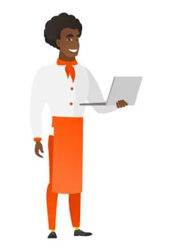 Chef cook using laptop vector illustration Illustrazione stock
