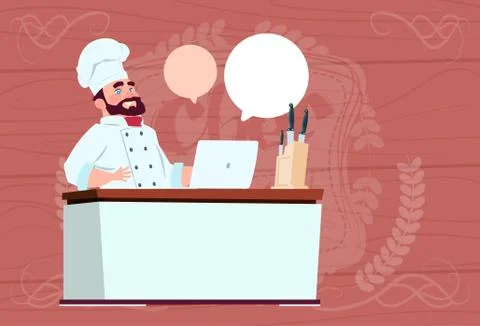 Chef Cook Working At Laptop Computer Cartoon Restaurant Chief In White Uniform Stock-Illustration