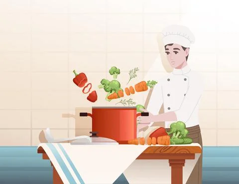 Chef cooking behind kitchen table with pan and ingredients making soup cartoon Stock Illustration